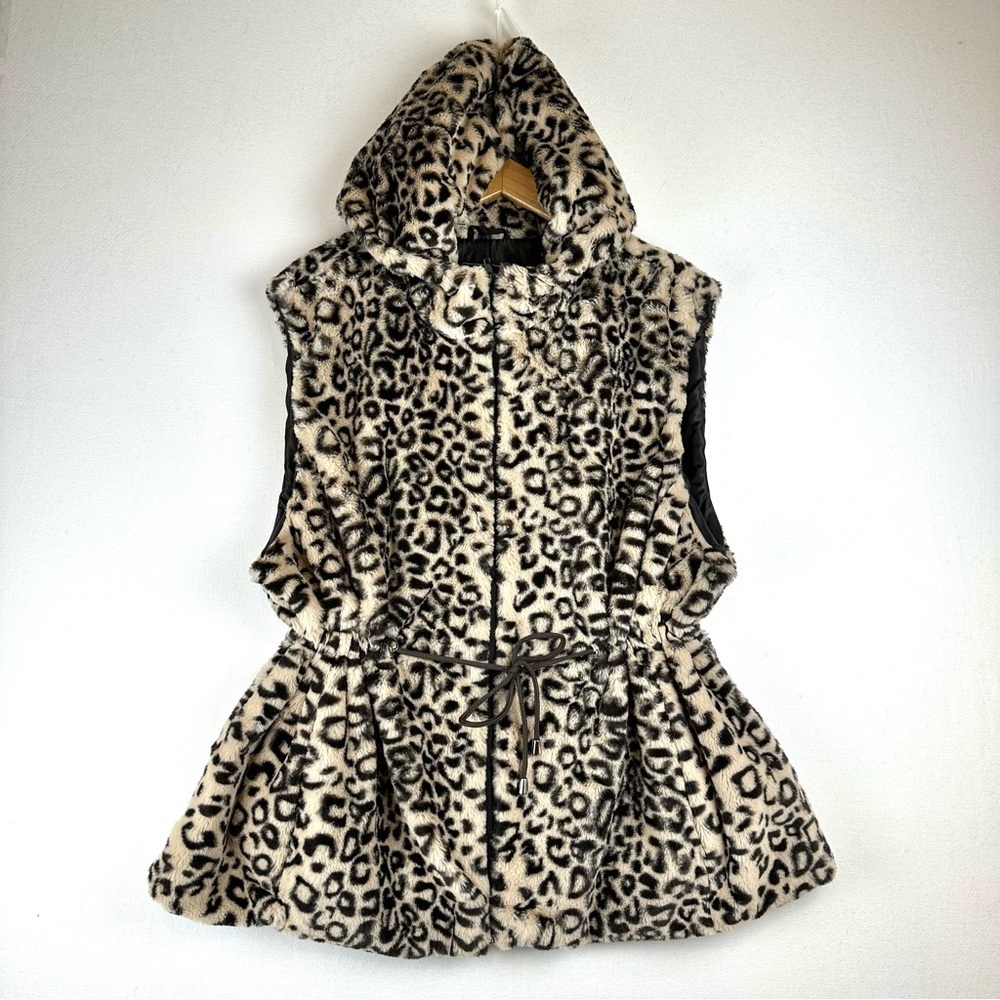 XOXO Vegan Fur Leopard Hooded Tie Waist Vest NWT